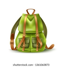 Realistic green backpack with leather straps. Touristic equipment for outdoor activity. Symbol of hiking, camping and adventure. Vintage backpacking baggage storage tool. Vector rucksack, knapsack.