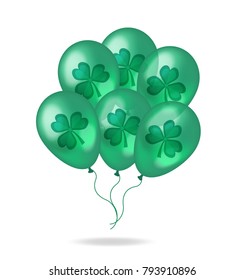 Realistic green balloons with clover, shamrock. 3d bunch  balloon for St. Patrick's Day. Isolated on white background. Vector illustration