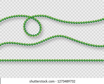 Realistic green beads isolated on transparent background. Decorative elements for holiday design, Mardi Gras carnival. Vector illustration.