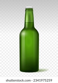 Realistic green beer bottle. Alcoholic drink and liquid on copy space. Blank and empty bottle for labels. Mock up and template. Isometric vector illustration isolated on transparent background