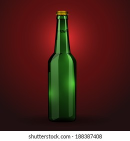 Realistic Green beer bottle icon isolated on red background. Vector Illustration