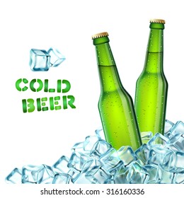 Realistic green beer bottles in ice cubes decorative icons vector illustration