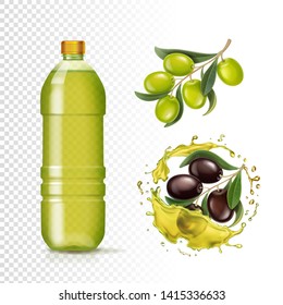 Realistic green and black olives and oil in plastic bottle and olive oil splash isolated vector illustration.