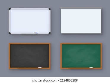 Realistic Green Blackboard, White Marker Board And Projector Screen. School Old Chalkboard. Boards For Education Or Presentation Vector Set Of Blackboard And White Board For Drawing Illustration