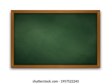 Realistic green blackboard in wooden frame. Wiped dirty chalkboard. Blank clasroom board. Space for advertising text and restaurant menu. Vector illustration.