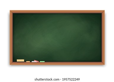 Realistic green blackboard in wooden frame. Wiped dirty chalkboard. Blank clasroom board with chalk pieces and sponge. Space for advertising text and restaurant menu. Vector illustration.