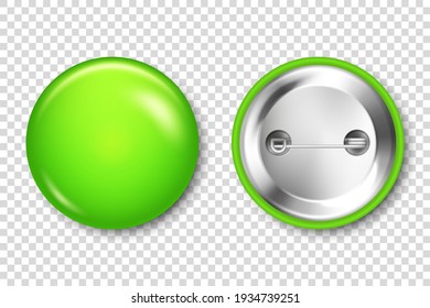 Realistic green blank badge isolated on transparent background. Glossy 3D round button. Pin badge, brooch mockup for product promotion and advertising. Vector illustration.
