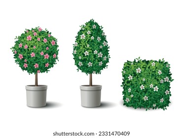 Realistic green blooming shrubs and small potted trees of different shapes isolated vector illustration