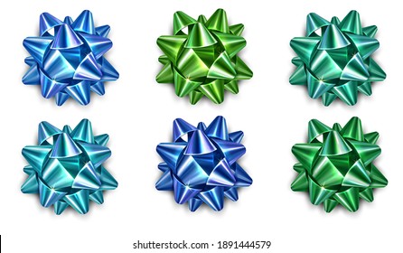 Realistic green and blue bows for decoration on white background. Bright bows for decoration. Decorative and festive design for gifts. Vector illustration