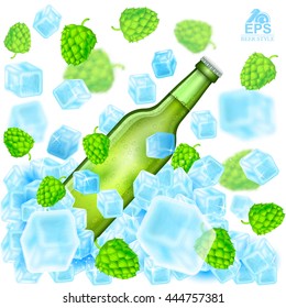 Realistic green bottle of beer flies out from ice cubes among depth of field hop cones on white