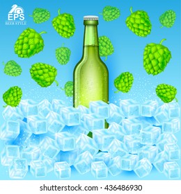 Realistic green bottle of beer in ice cubes among hop cones on blue background