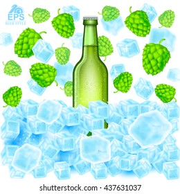 Realistic green bottle of beer stand in ice cubes among flying hop cones on white