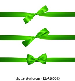 Realistic green bow with horizontal green ribbons isolated on white. Element for decoration gifts, greetings, holidays. Vector illustration.