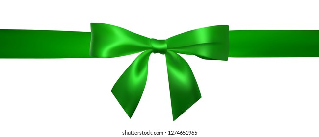 Realistic green bow with horizontal green ribbons isolated on white. Element for decoration gifts, greetings, holidays. Vector illustration.