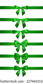 Realistic green bow with horizontal green ribbons isolated on white. Element for decoration gifts, greetings, holidays. Vector illustration.