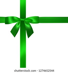 Realistic green bow with green ribbons isolated on white. Element for decoration gifts, greetings, holidays. Vector illustration.