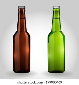 Realistic green and brown glass beer bottle on grey background isolated. Vector Illustration