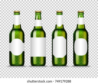 Realistic green, brown, yellow and white glass beer bottles with different labels isolated on a trasparent background. Vector illustration. Mock up template blank for product packing advertisement.