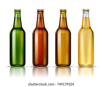 Realistic Green, brown, yellow and white glass beer bottles with drink isolated on a white background. Vector illustration. Mock up template blank for product packing advertisement.