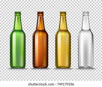 Realistic Green, brown, yellow and white empty glass beer bottles isolated on a transparent background. Vector illustration. Mock up template blank for product packing advertisement.
