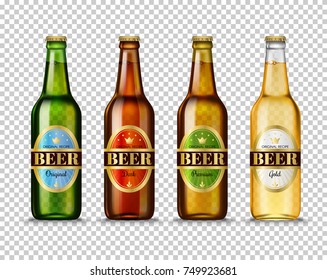 Realistic Green, brown, yellow and white glass beer bottles with with different labels isolated on transparent background. Mock up template blank for product packing advertisement.
