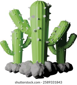 Realistic green cactus illustration with detailed shadows and textures, surrounded by rocks. Perfect for nature, desert, botanical, or digital decor designs. Vector format, ready to use.