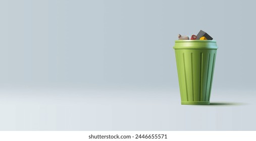 Realistic green can garbage can, 3D. For the concepts of ecology, nature conservation and waste sorting. Vector