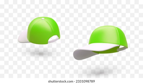 Realistic green cap with white visor. Adjustable baseball cap, front and back view. Isolated vector image with shadows. Sports fashion. Headwear without labels