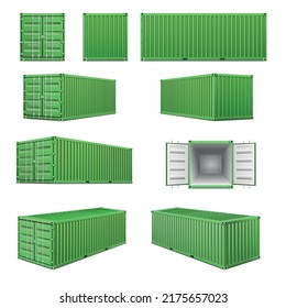 Realistic green cargo container set with views from different sides against white background isolated vector illustration