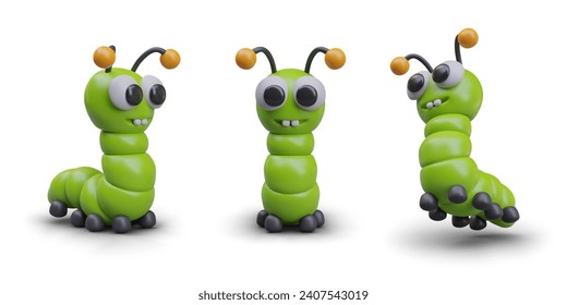 Realistic green centipede in different positions. Caterpillar centipede cartoon character. Vector realistic design illustration in 3d style with white background and shadow