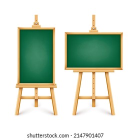 Realistic Green Chalkboard On Wooden Easel. Blank Blackboard In Wooden Frame On A Tripod. Presentation Board, Writing Surface For Text, Drawing. Online Studying, Learning Mockup. Vector Illustration