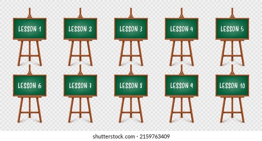 Realistic green chalkboard on wooden easel. Blackboard in wooden frame on a tripod. Presentation board with text, writing or drawing surface. Online studying, learning mockup. Vector illustration