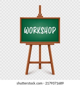 Realistic green chalkboard on wooden easel. Blackboard in wooden frame on a tripod. Presentation board with text, writing or drawing surface. Online studying, learning mockup. Vector illustration