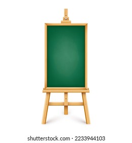 Realistic green chalkboard on wooden easel. Blank blackboard in wooden frame on a tripod. Presentation board, writing surface for text, drawing. Online studying, learning mockup. Vector illustration