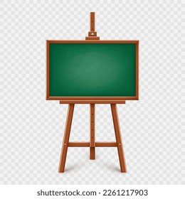 Realistic green chalkboard on wooden easel. Blank blackboard in wooden frame on a tripod. Presentation board, writing surface for text, drawing. Online studying, learning mockup. Vector illustration