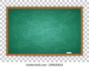 Realistic green chalkboard with wooden frame isolated on transparent background. Template blackboard for design. Rubbed out dirty chalkboard. Empty school chalkboard for classroom or restaurant menu