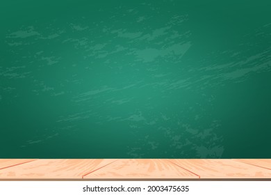 Realistic green chalkboard with wooden table. Empty school chalkboard for classroom. 3d vector illustration