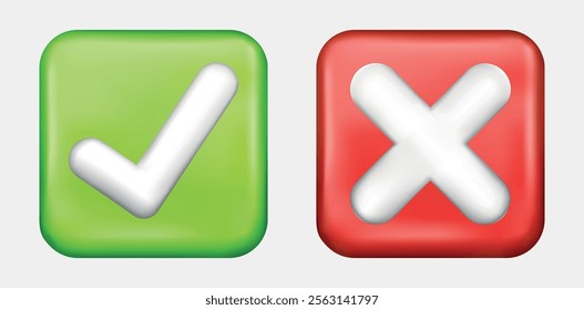 Realistic green check marks 3d. Green tick. Correct. Trendy symbol sign. Vector. Ok. Verified. Textbox and checkbox. Frame vote. Done. Plastic render shape. Gold background. Red cross. Wrong