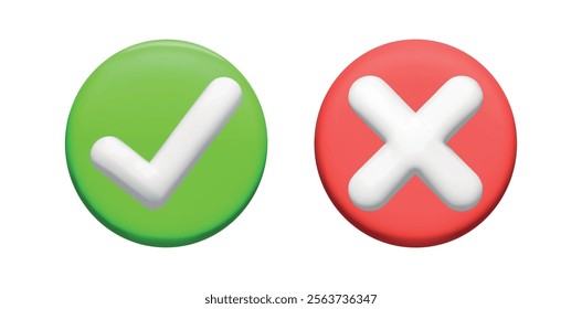 Realistic green check marks 3d. Green tick. Correct. Trendy symbol sign. Vector. Ok. Verified. Textbox and checkbox. Frame vote. Done. Plastic render shape. Transparent background. Red cross. Wrong