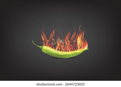 Realistic green chili pepper with fire flames on dark background.