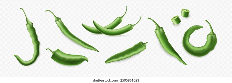 Realistic green chili pepper set. Hot cayenne pepper, whole, slice, piece on transparent background.