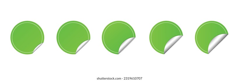 Realistic green circle glued stickers with five option of curled cornerfrom small to big. Blank green adhesive paper for label sticker with 3D effect.