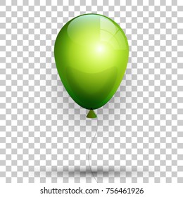 A realistic Green color balloon isolated on the Transparent Background. Beautiful Vector Illustration of a flying upward Glitter Ball with Helium.