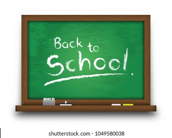 Realistic green color chalkboard with wooden frame . Detailed texture on blackboard and edge . Empty board for fill your text . Isolated background . Education and back to school concept . Vector .