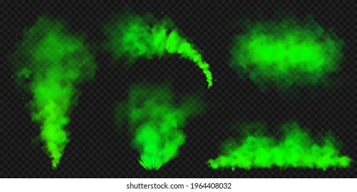 Realistic green colorful smoke clouds, mist effect. Colored fog on dark background. Vapor in air, steam flow. Vector illustration.