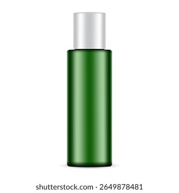 Realistic green cosmetic bottle mockup, front view. Elegant blank packaging for skincare, serum, toner or cosmetic product design. 3D vector illustration isolated on white background