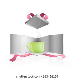 Realistic green cup inside gift box. Vector design. 