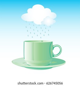 Realistic green cup with saucer and cloud with rain