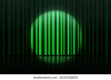 Realistic green curtain with spotlight beam and floor reflection. Luxurious stage backdrop for gala, awards or theatrical show. Elegant vector banner with velvet texture and opulent dramatic mood.