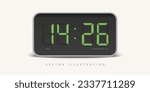 Realistic green digital clock, isolated background, frontal view, vector  illustration